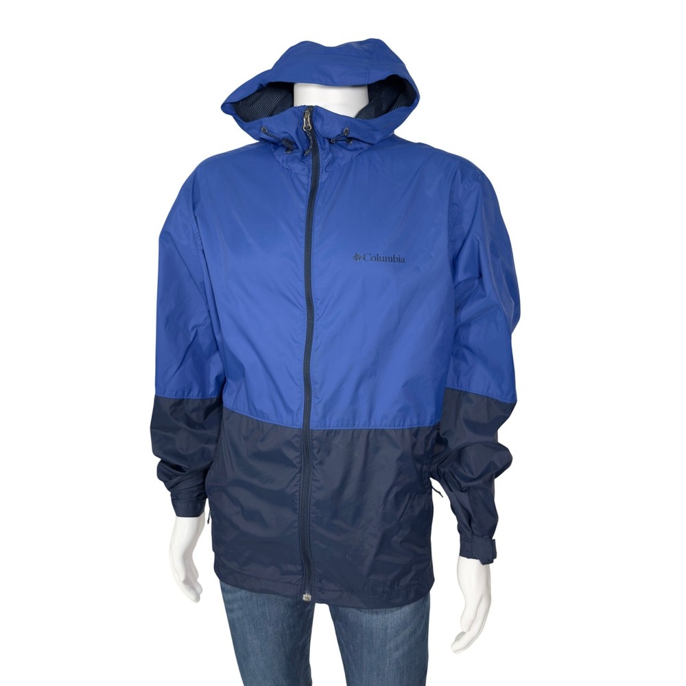 Columbia Windbreaker Jacket Mens Large Blue Excellent Hooded Colorblock Shell